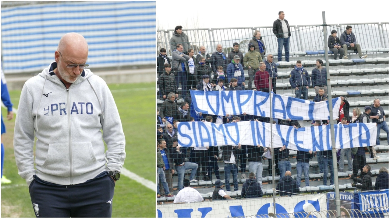 A sinistra la delusione del tecnico Mariotti; a destra lo striscione polemico dei tifosi del Prato (foto Attalmi)