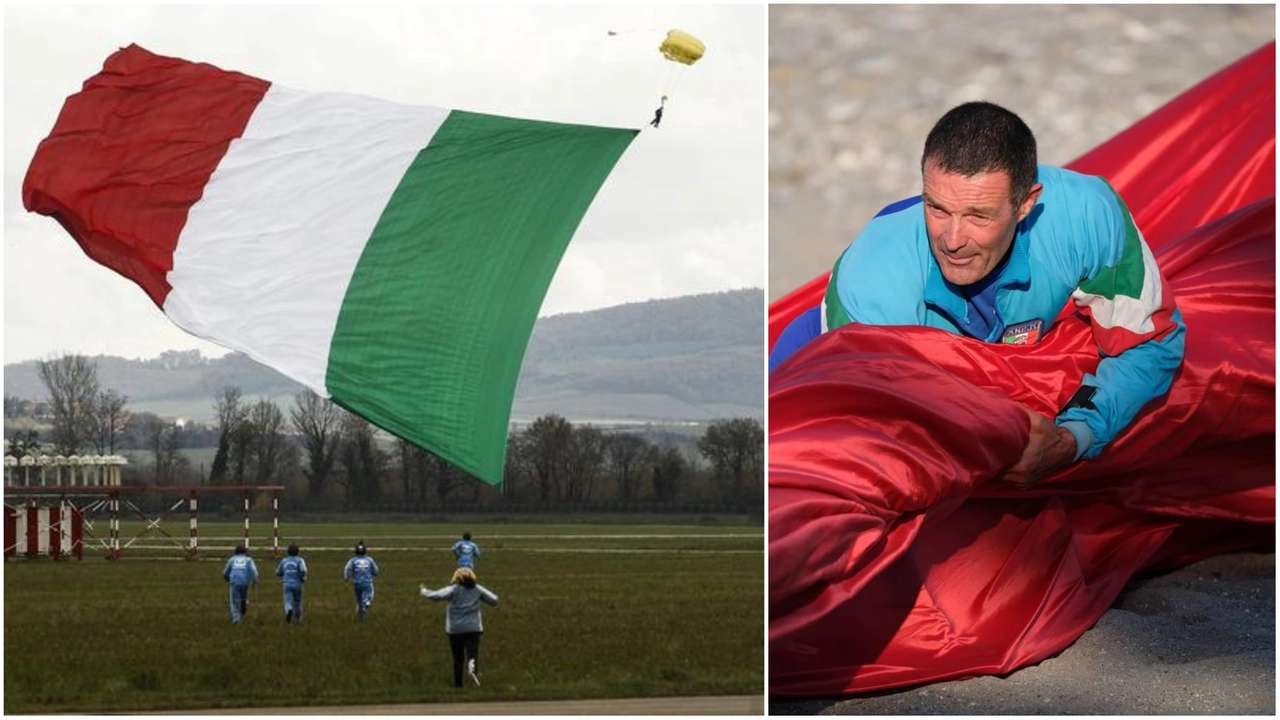 Il tenente colonnello Paolo Filippini; a sinistra una maxi bandiera tricolore usata in un evento del 2023