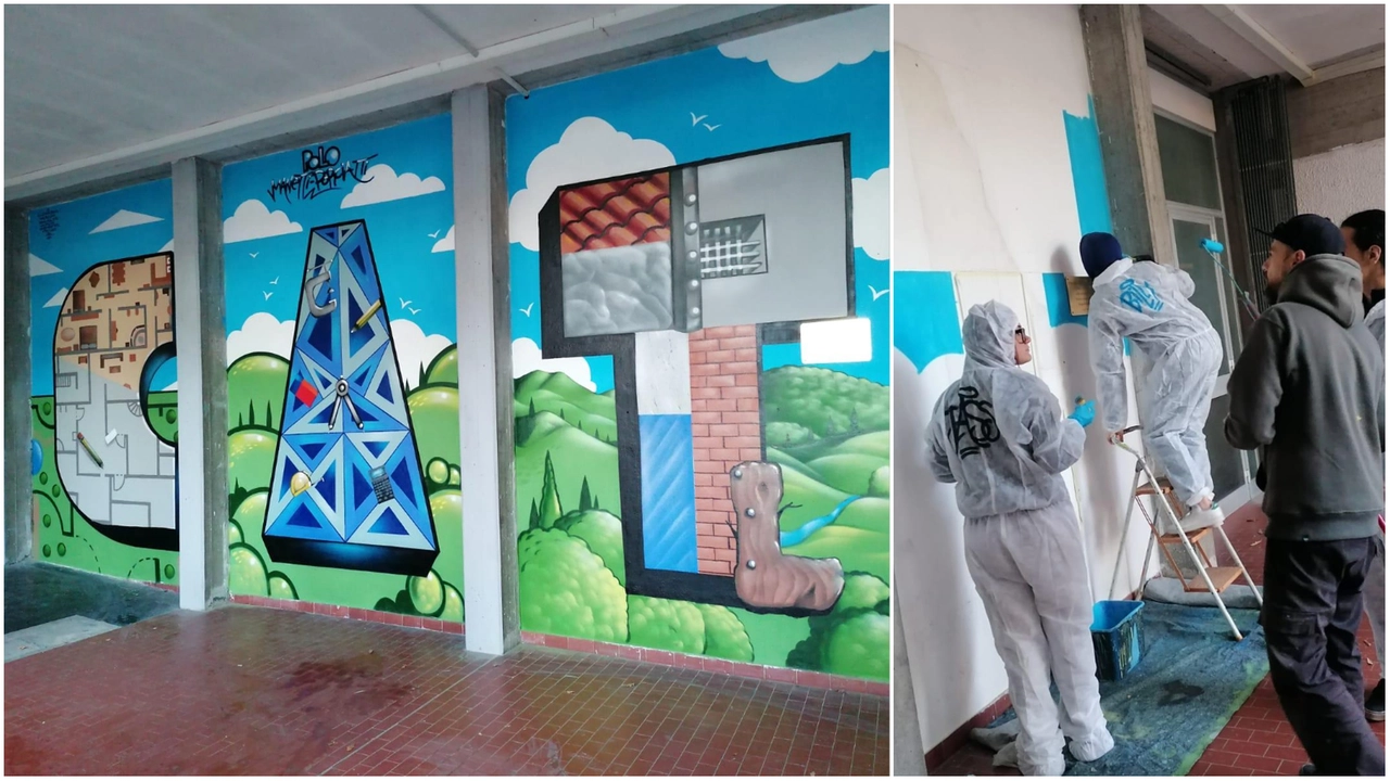 Il murales realizzato dagli studenti. A destra un momento della realizzazione