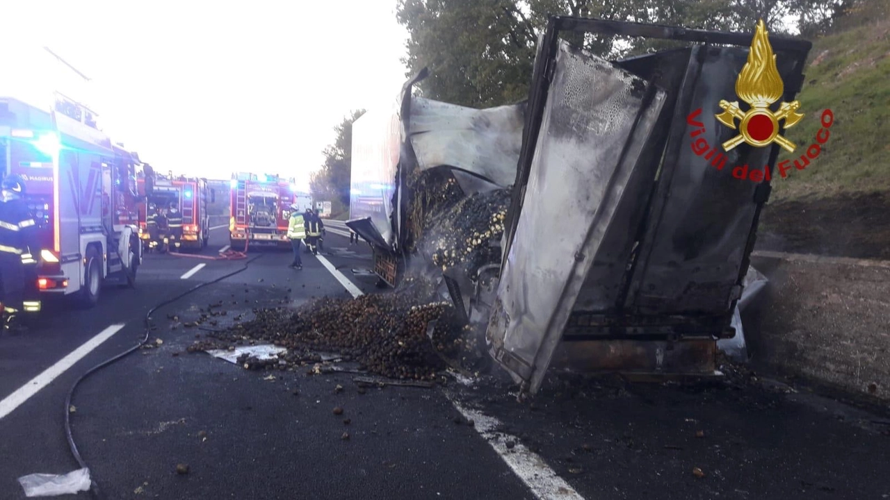 I resti del rimorchio incendiato (foto Vigili del Fuoco)