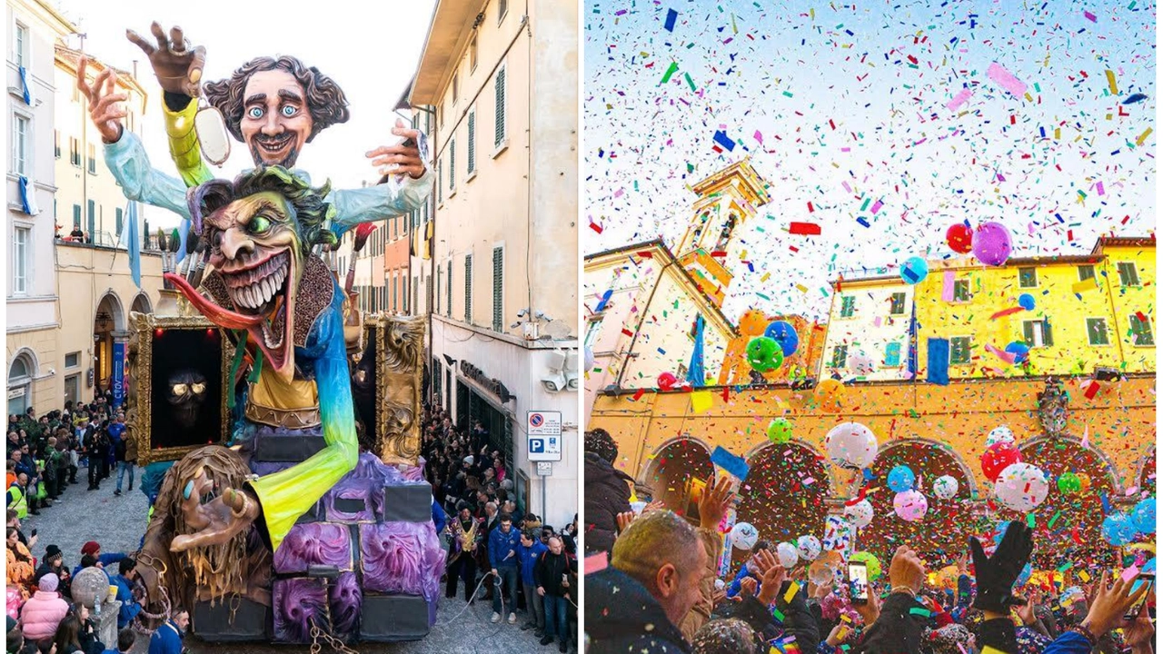 La sfilata dei carri di cartapesta in occasione del Carnevale di Foiano della Chiana (Arezzo)