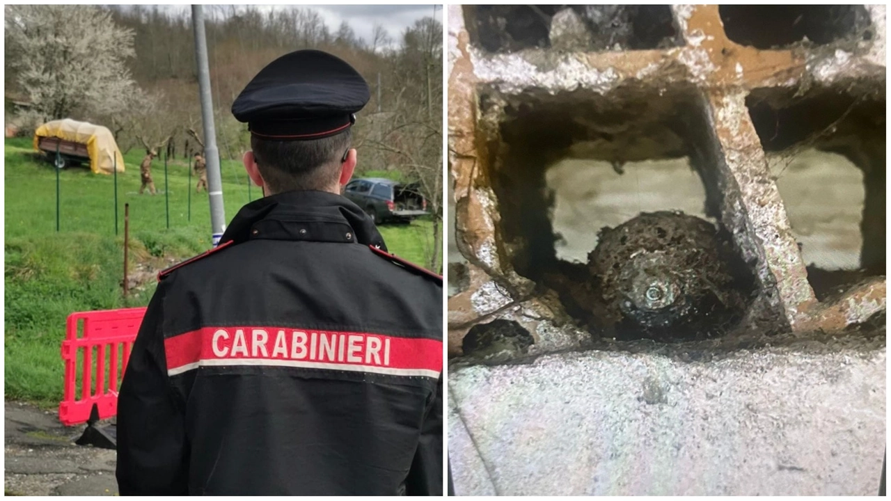 A destra la bomba di mortaio trovata ad Aulla