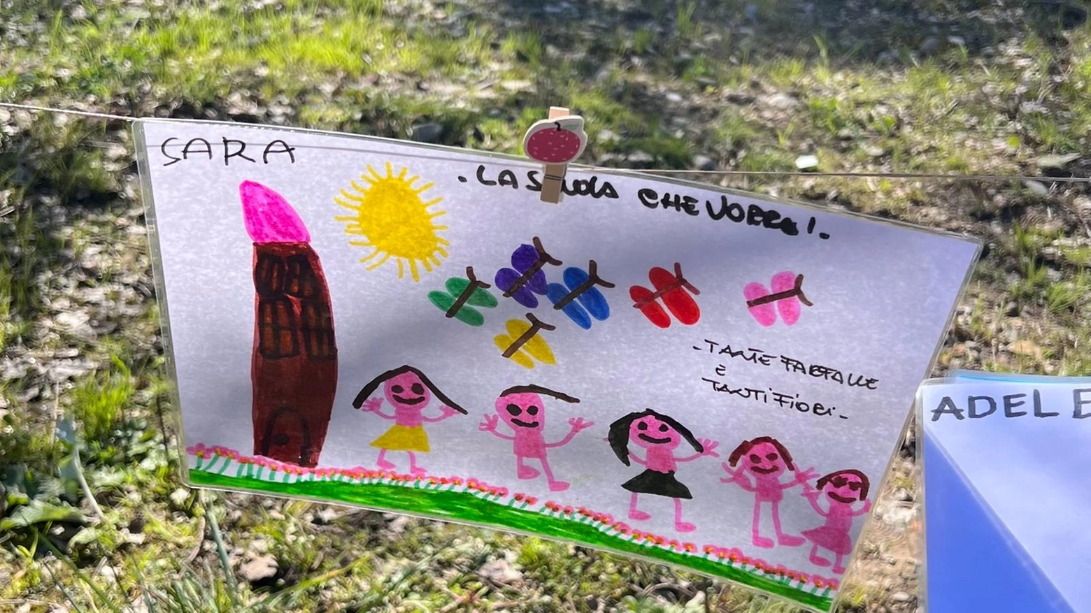 Uno dei disegni di come i bimbi sognano la nuova scuola di Ponte a Niccheri