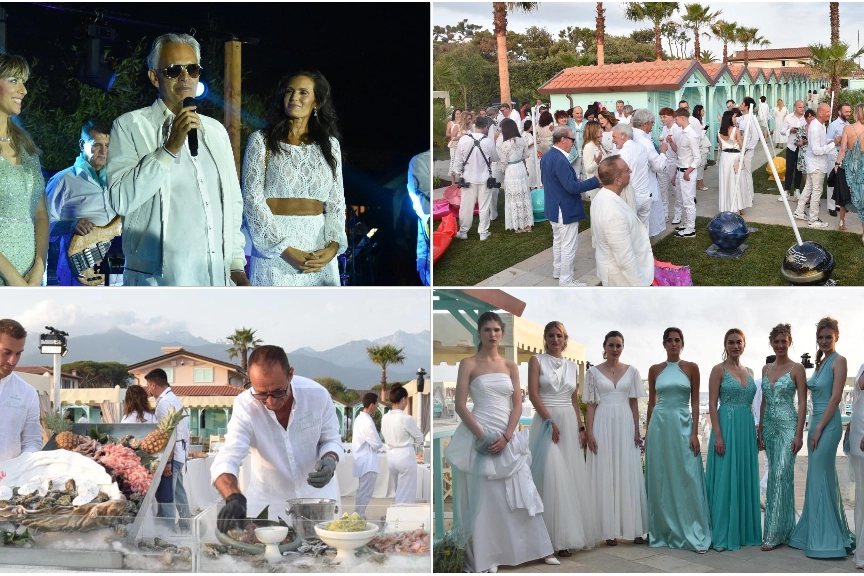 Quattro momenti della festa esclusiva al Bagno Alpemare. In alto a sinistra, Andrea e Veronica Bocelli sul palco durante la serata per celebrare l'inizio dell'estate (Foto Nizza)