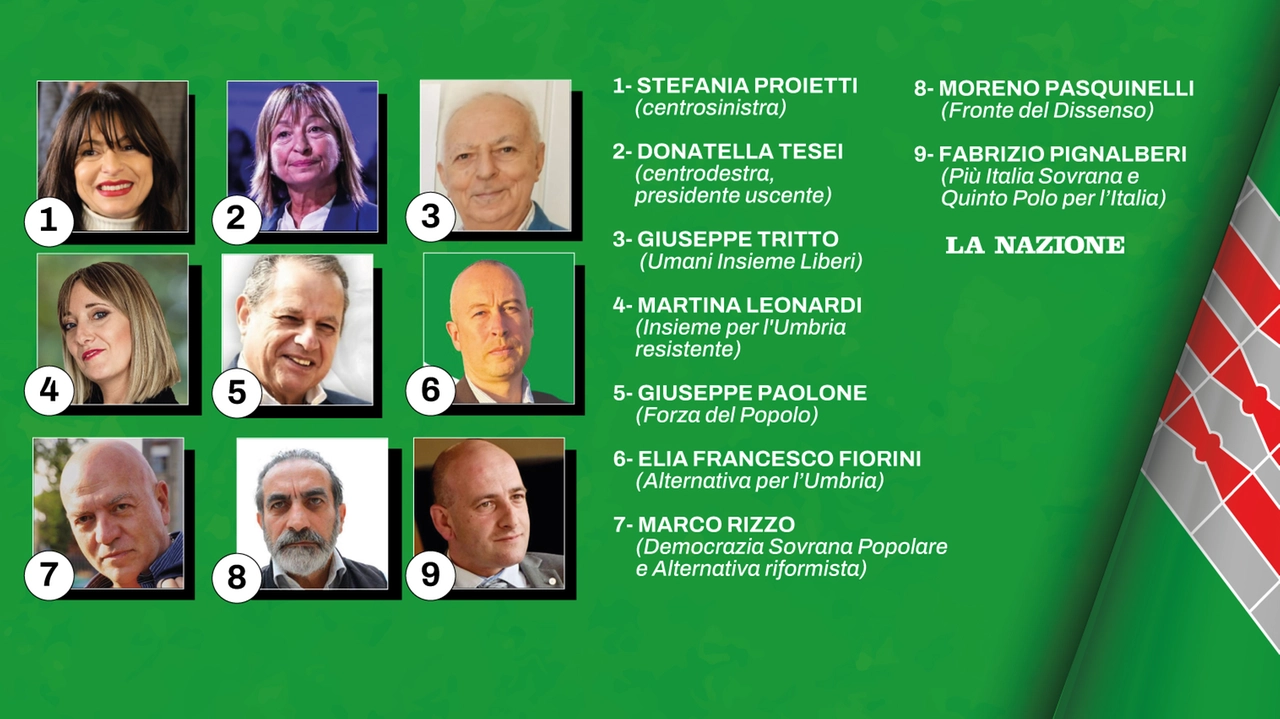 I nove candidati alla poltrona di governatore della Regione Umbria. Sono elezioni importanti anche per i riflessi nazionali che avranno