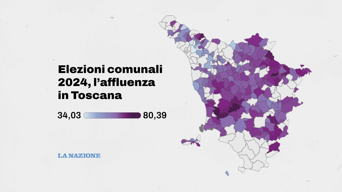 Elezioni comunali 2024, l'affluenza in Toscana (dati elaborati da Anci, Flourish map)