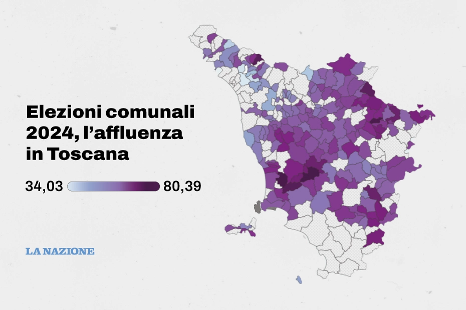 Elezioni comunali 2024, l'affluenza in Toscana (dati elaborati da Anci, Flourish map)