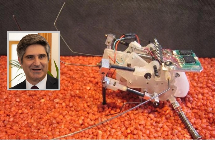 Il robot grillo che fa parte dello zoo hi-tech presentato anche al Festival della Robotica; nel riquadro, Cesare Stefanini