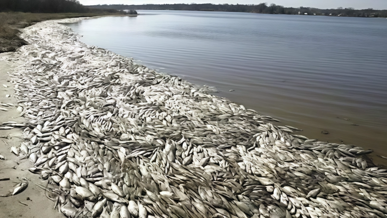 Nella foto sopra migliaia di carcasse di pesce che si sono accumulate sulla riva della laguna e che devono essere rimosse