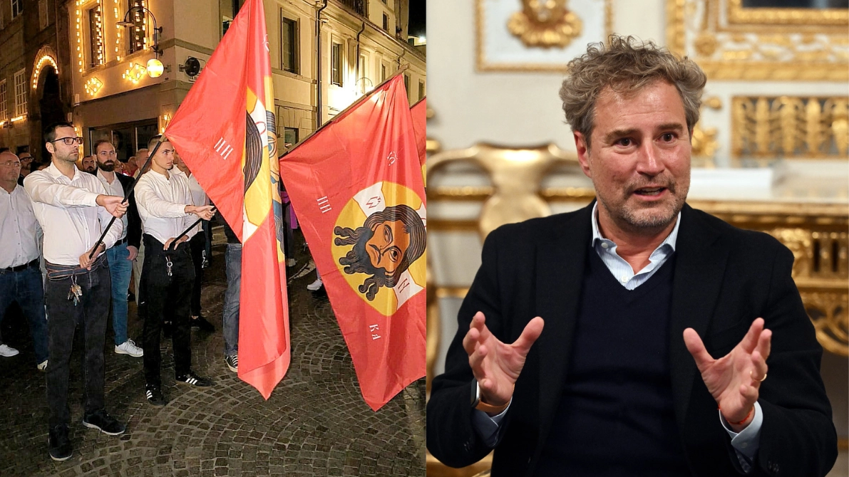 A sinistra la foto della Rete dei Patrioti durante la processione del Volto Santo, a Lucca. A destra il sindaco Mario Pardini