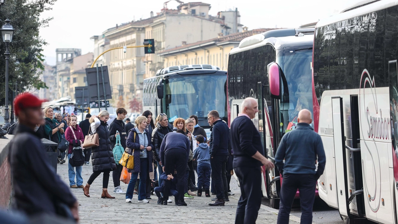 Bus turistici parcheggiati in lungarno della Zecca: tanti gli irregolari scoperti dai vigili