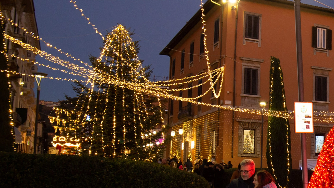 L’albero di Natale in piazza del Popolo; in alto il consigliere Luca Baroncini