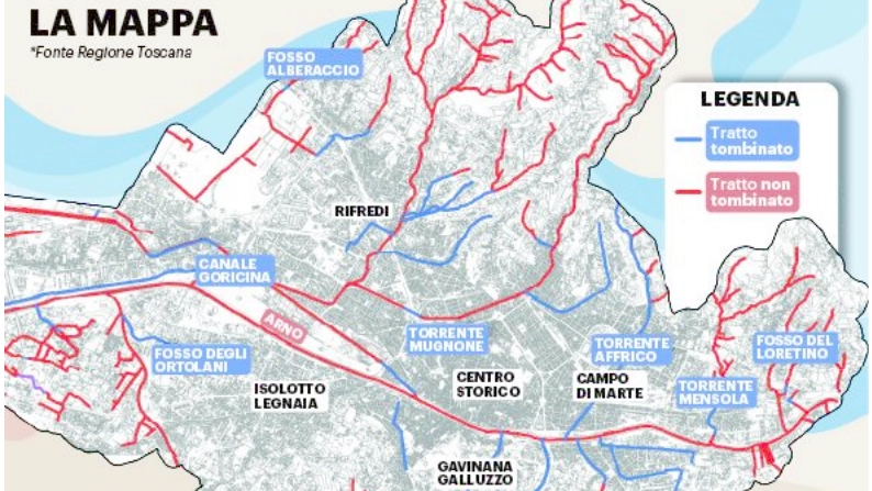 La mappa che mostra una parte dei corsi d'acqua tombinati a Firenze