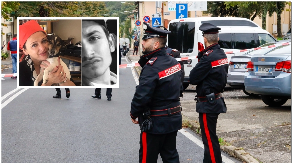 I carabinieri intervenuti per l'omicidio (Foto Davide Franco / Germogli). Nel riquadro, la vittima Laura Frosecchi e il nipote Mattia Scutti