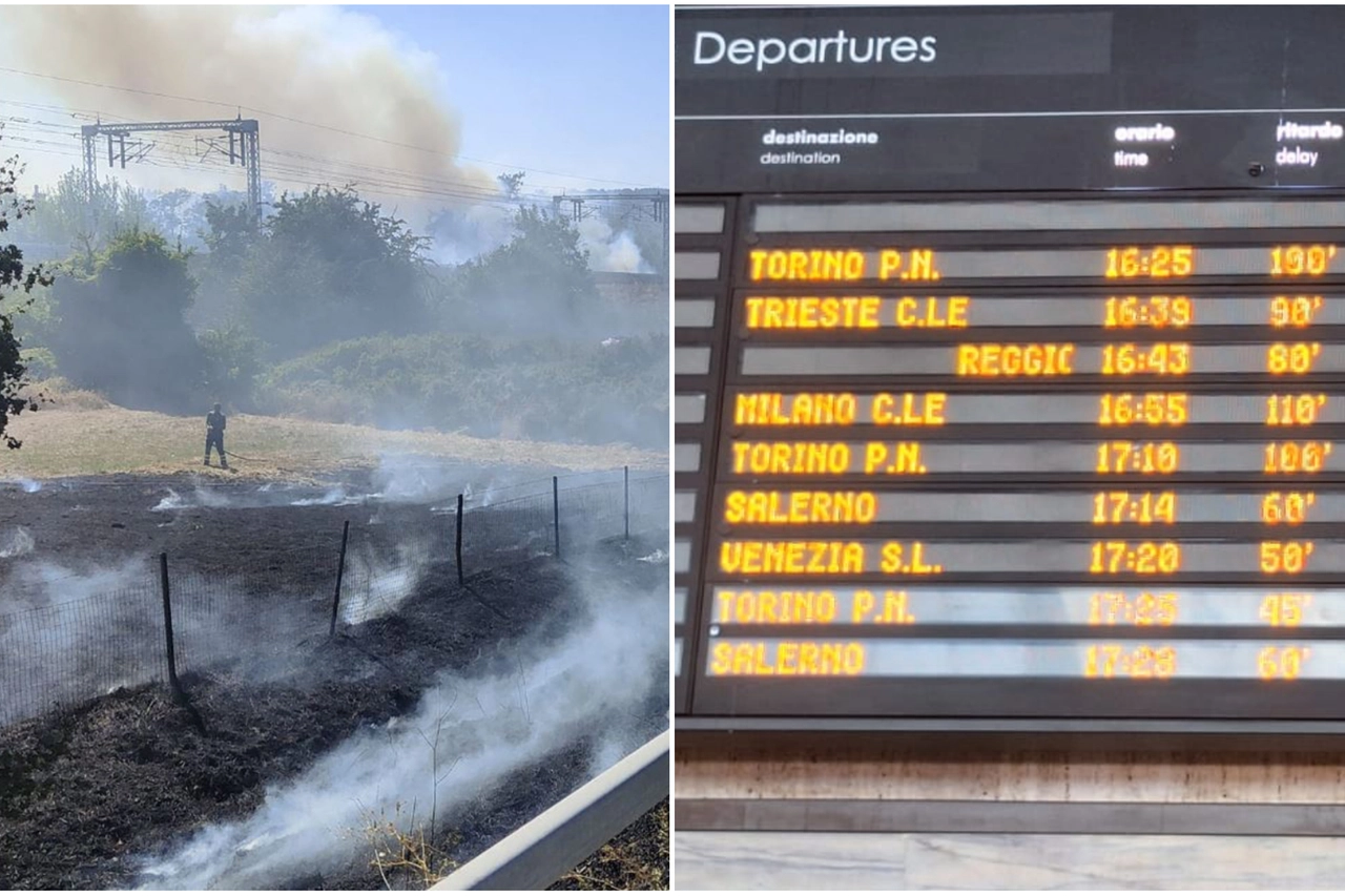 L'incendio vicino ai binari e il tabellone con i ritardi alla stazione Santa Maria Novella di Firenze