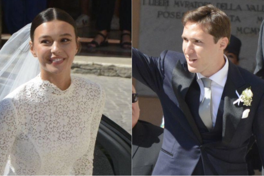 Lucia Bramani e Federico Chiesa: l'arrivo degli sposi al Duomo di Grosseto per la cerimonia (Foto Aprili)