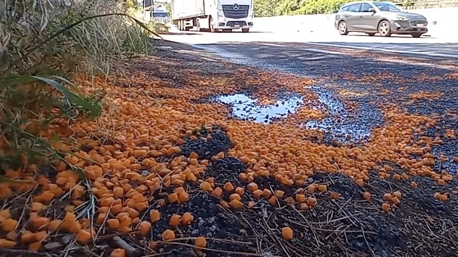 Camion perde carico di carote. Caos sulla E45