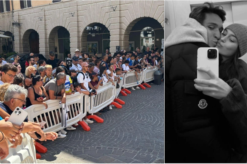 La folla fuori dal Duomo di Grosseto e una foto della coppia