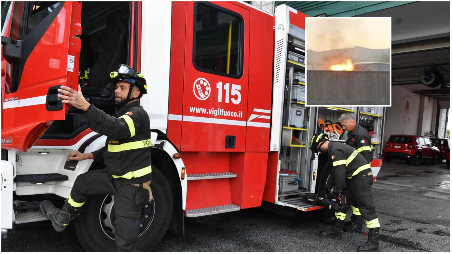 Un intervento dei vigili del fuoco. Nel riquadro l'auto a fuoco in FiPiLi