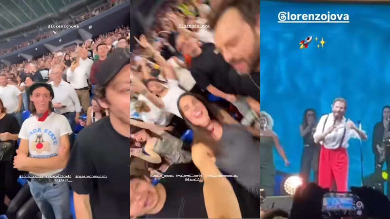 Lucio Corsi scatenato al concerto di Jovanotti. Parterre di vip con Valentino Rossi e Cremonini