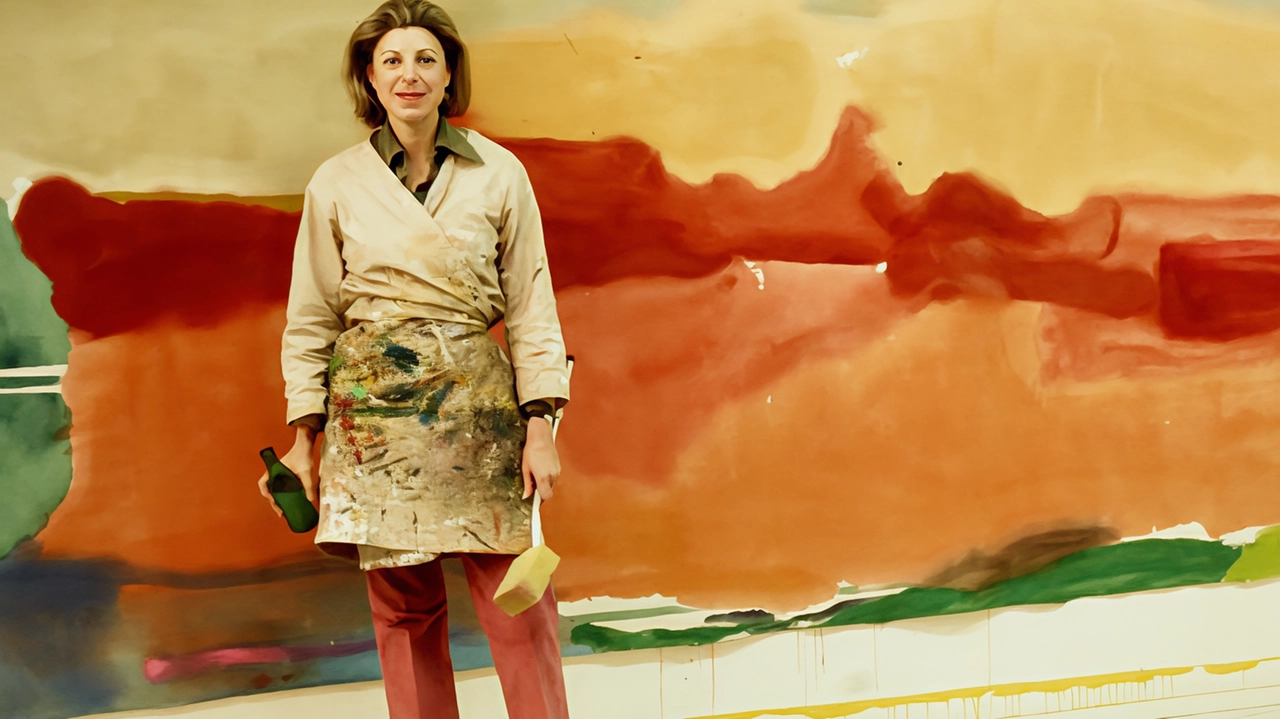 La pittrice newyorkese Helen Frankenthaler al lavoro