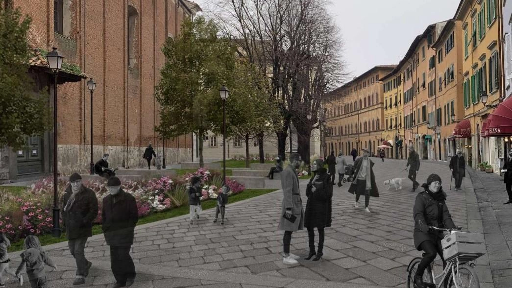 Un rendering del progetto di riqualificazione di piazza San Martino