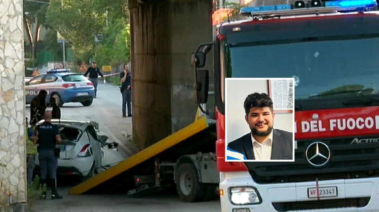 L’auto distrutta e nel riquadro Michele Tarli