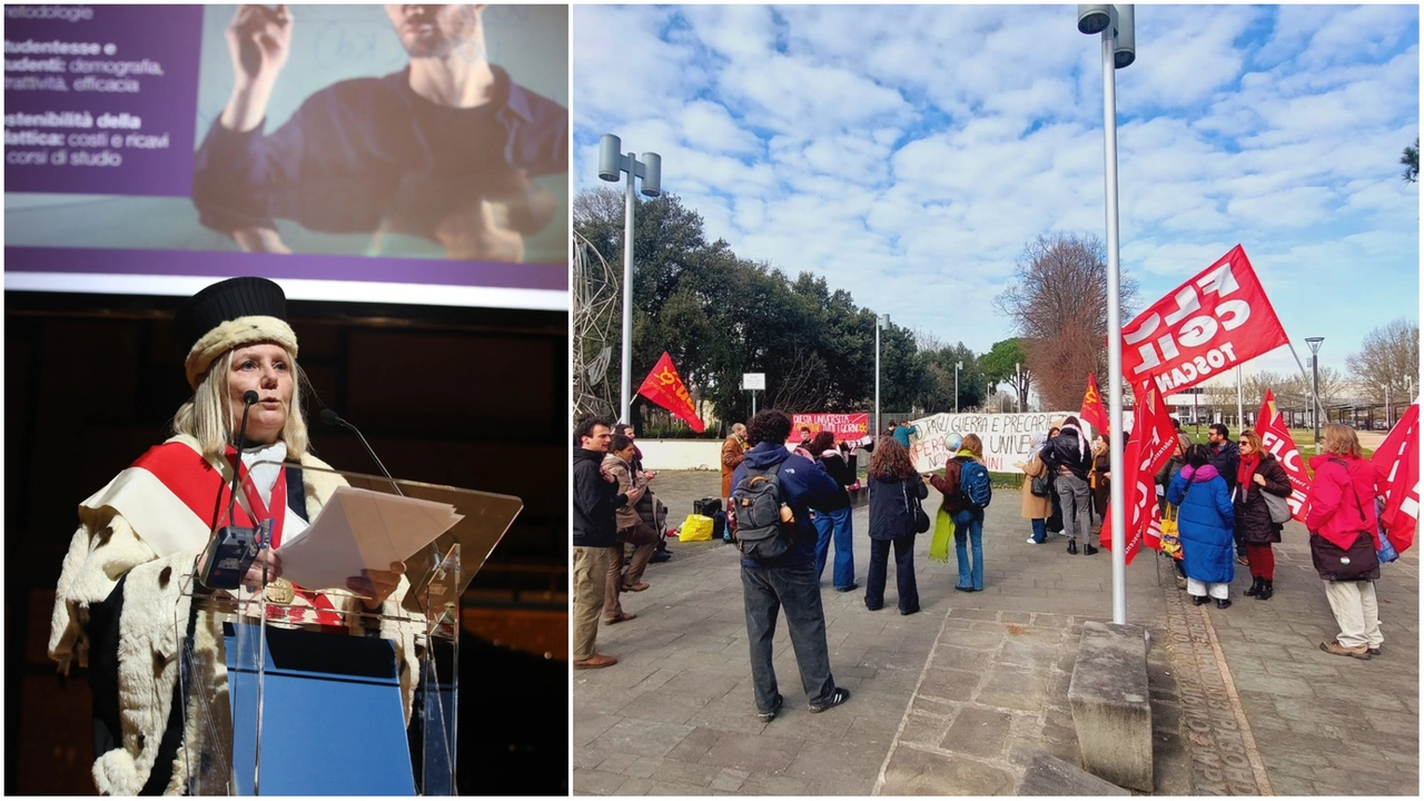 A sinistra la rettrice Alessandra Petrucci (foto Marco Mori/New Press Photo); a destra i manifestanti dell'Assemblea precaria universitaria fuori dal teatro del Maggio (foto Dire)