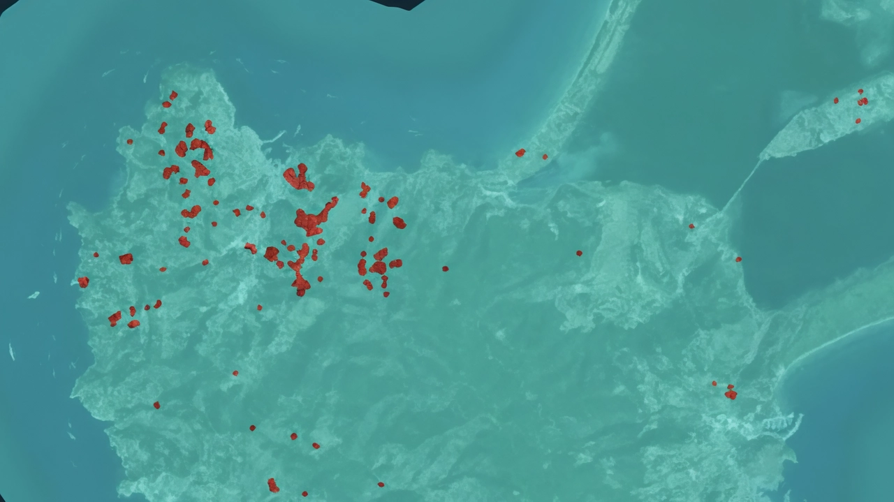 L’area interessata dall’infestazione della Xyllela, i punti rossi sono le zone di maggiore concentrazione che hanno portato ad ampliare l’area