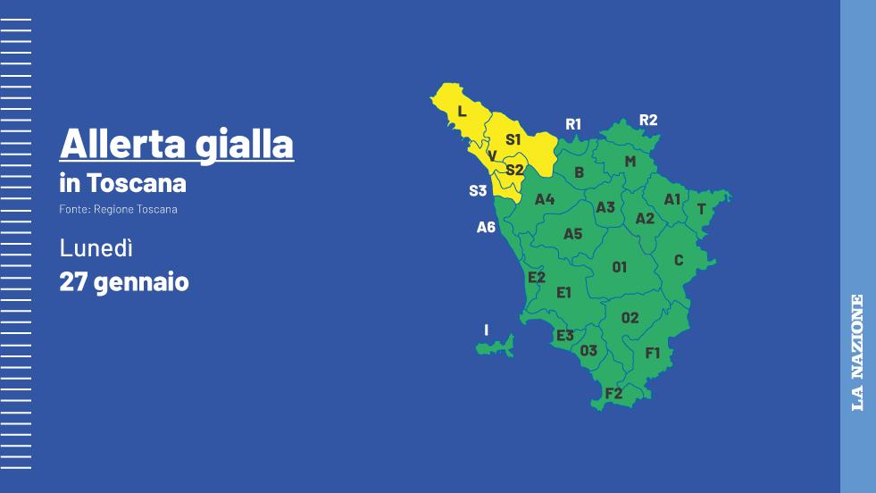 Allerta gialla nel nord della Toscana per lunedì 27, piogge forti e vento