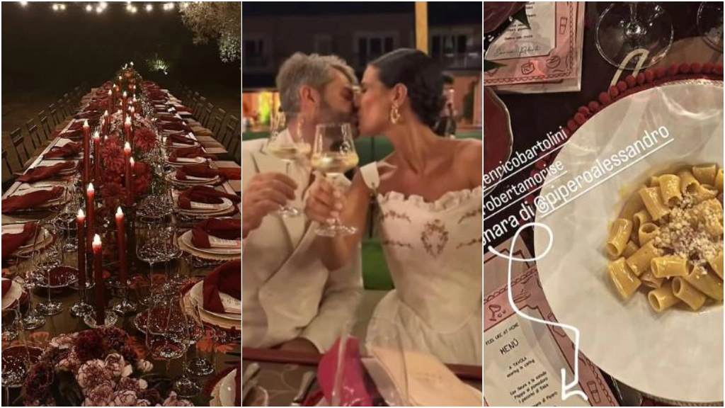 Tre momenti della cena di benvenuto pre matrimoniale: l'apparecchiatura, gli sposi e la carbonara, piatto del menu