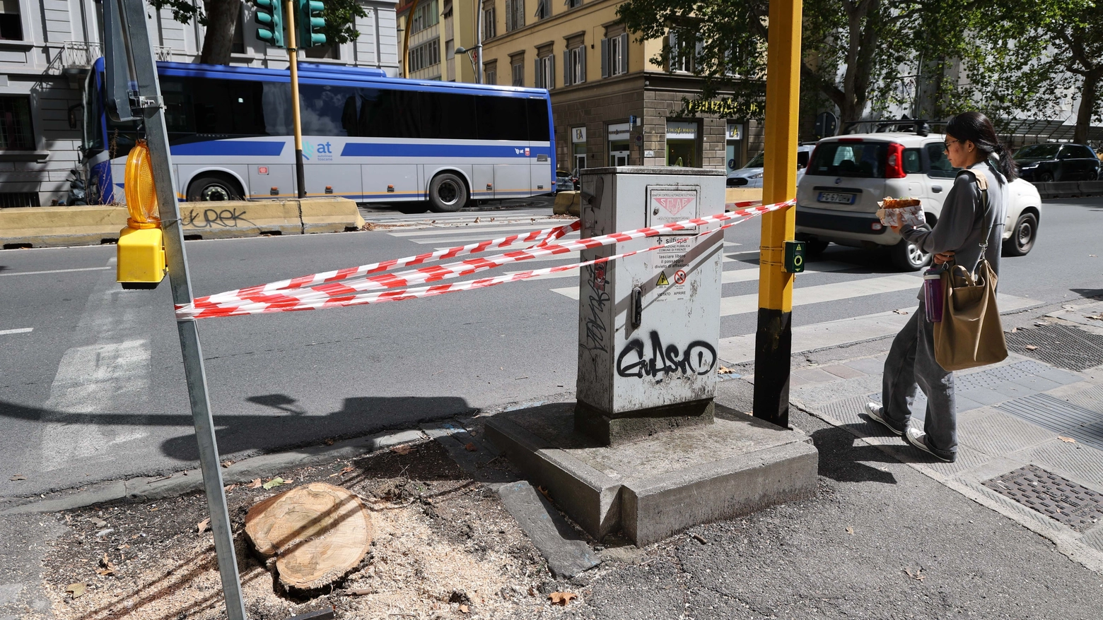 L'albero caduto e poi tagliato in viale Matteotti (Giuseppe Cabras/New Press Photo)