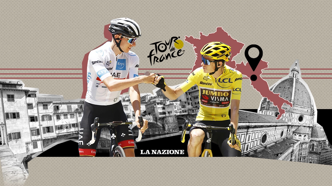 Pogacar e Vingegaard, due dei grandi campioni del ciclismo attuale, in un grafico che celebra il Tour a Firenze