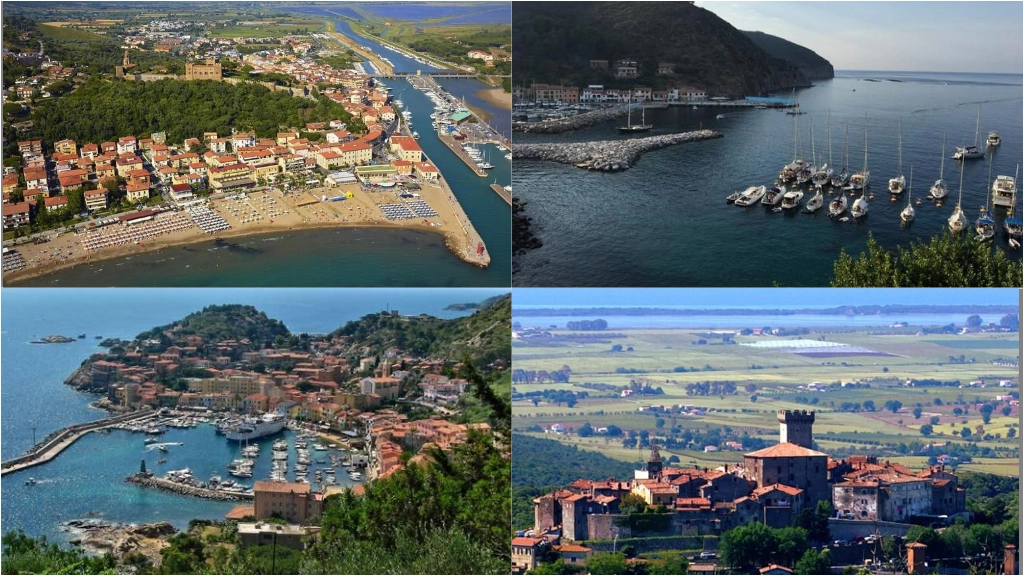 Dall'alto a sinistra in senso orario: Castiglione della Pescaia, Isola di Capraia, Isola del Giglio e Capalbio (Foto Ansa)