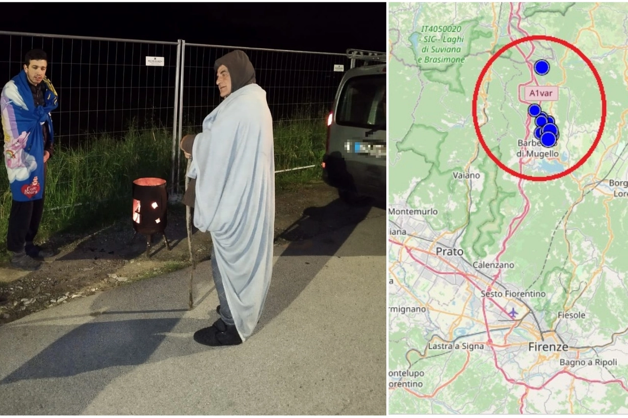 A sinistra persone in strada a Barberino di Mugello; nella mappa cerchiato di rosso l'epicentro dello sciame sismico