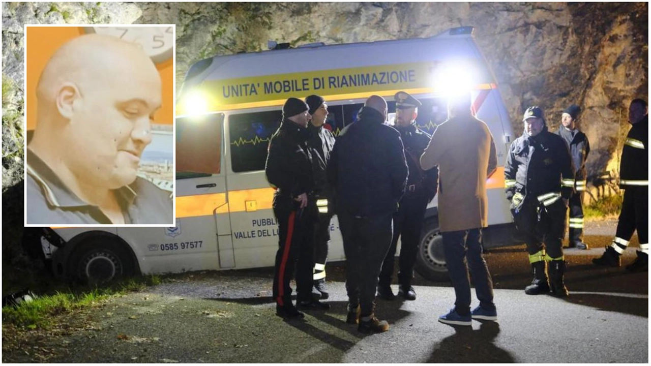 La scena dell'incidente e, nel riquadro, Carlo Tedeschi, il volontario morto a 47 anni in seguito all'incidente con l'ambulanza