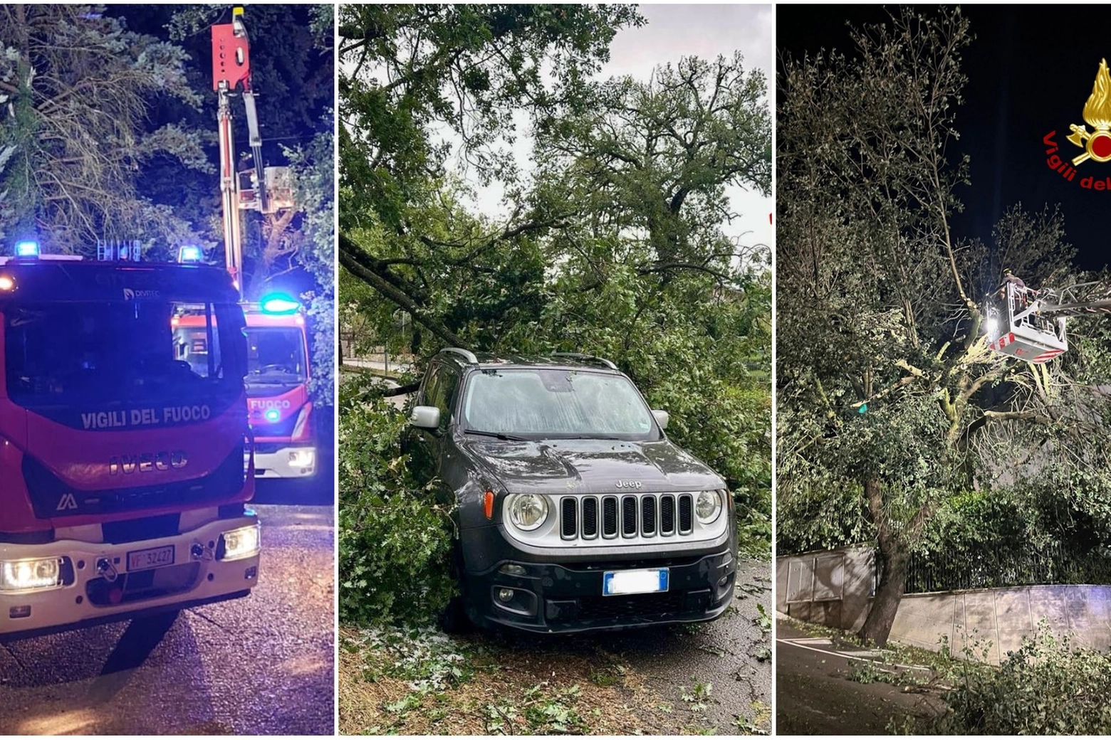 Da sinistra: i vigili del fuoco di Amelia al lavoro a Giove, un albero caduto su un'auto in zona San Mariano e i vigili del fuoco di Perugia sempre a San Mariano