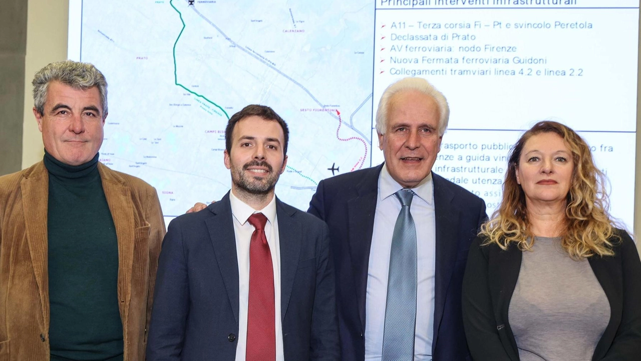 La presentazione del metrotram Prato-Campi: l’assessore regionale Baccelli, il sindaco di Campi, Tagliaferri, il governatore Giani e la sindaca di Prato, Bugetti