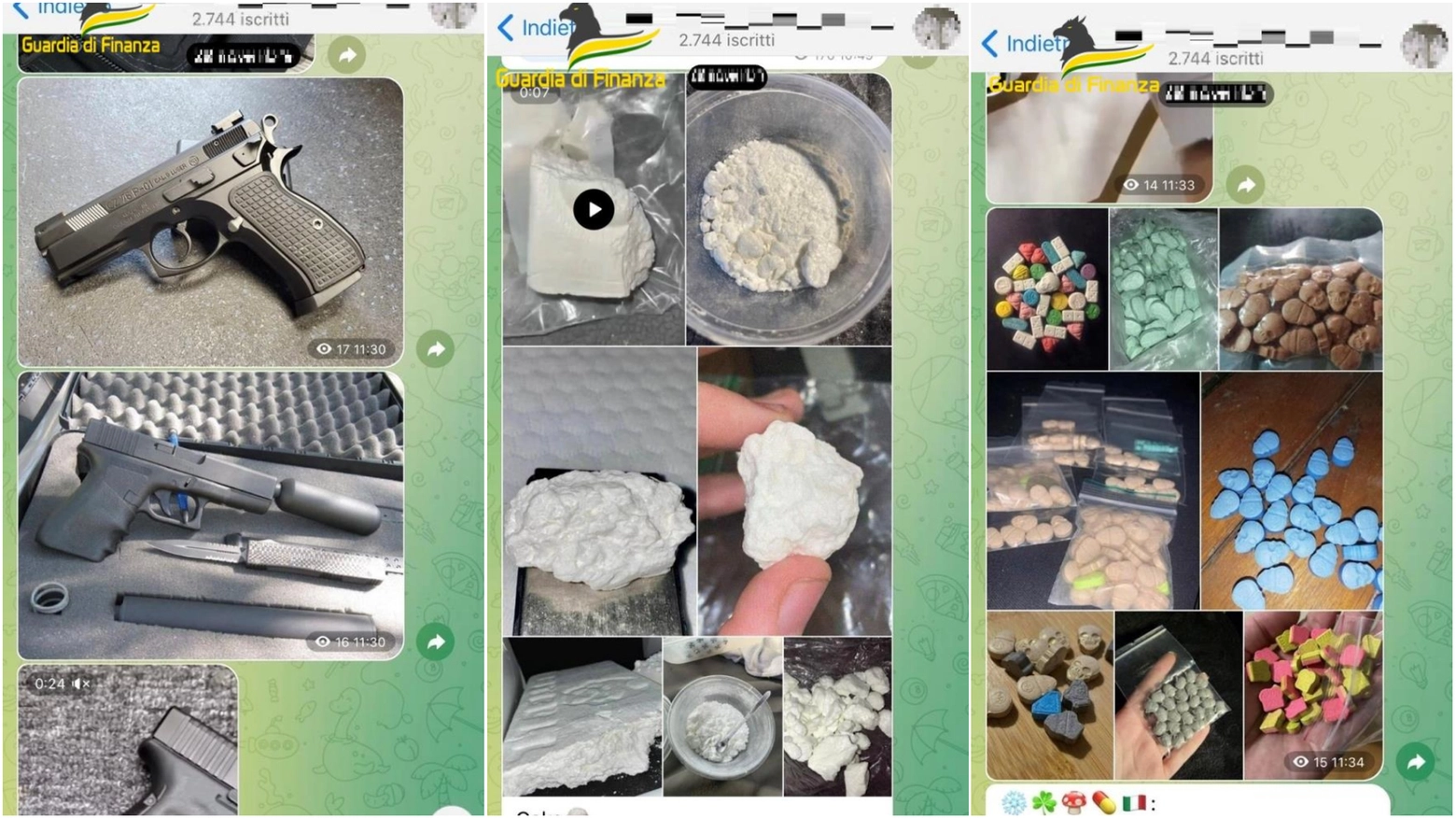 Le immagini delle armi e delle droghe in vendita sul canale Telegram (foto guardia di finanza)