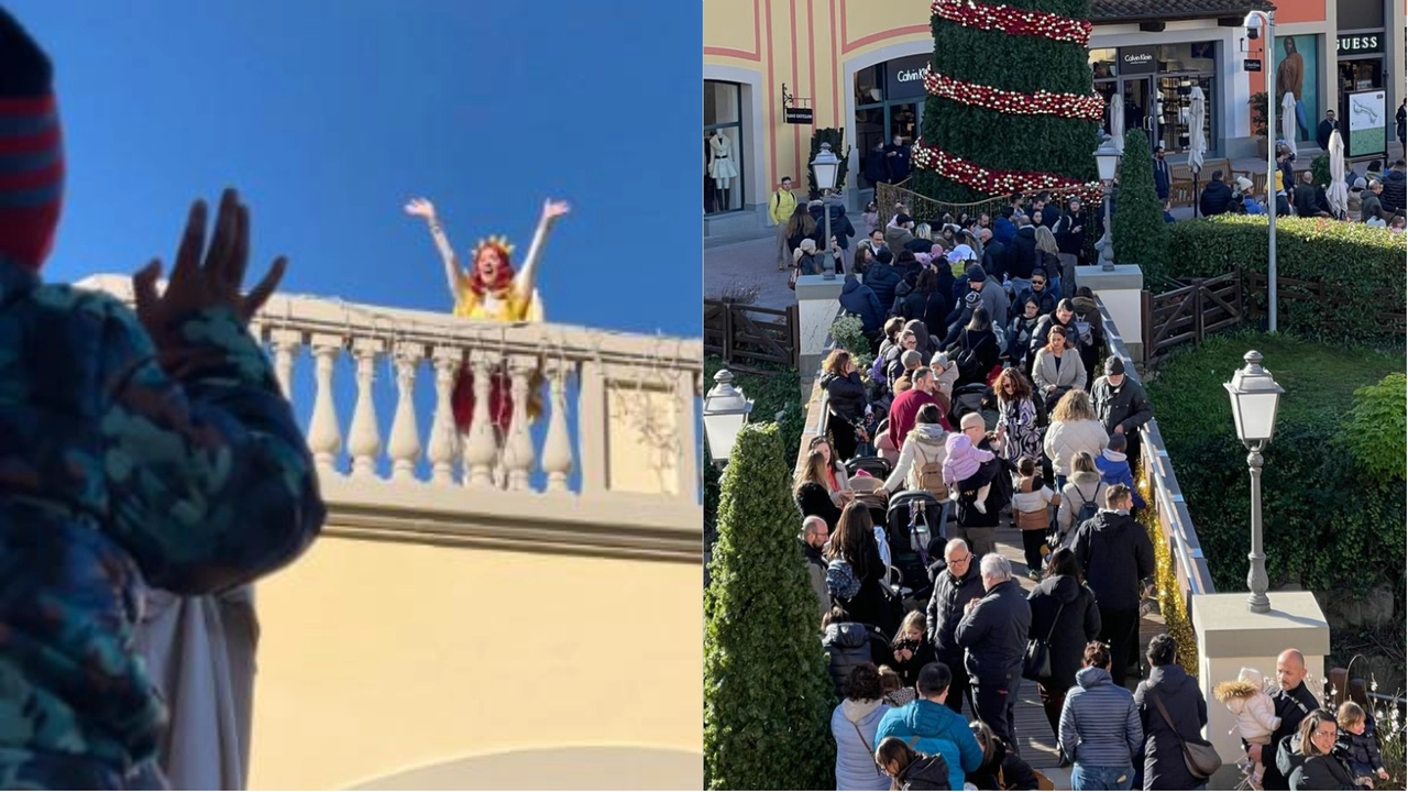 A sinistra Lucilla, la beniamina dei bambini al Barberino Outlet. A destra la folla nella cittadella dello shopping