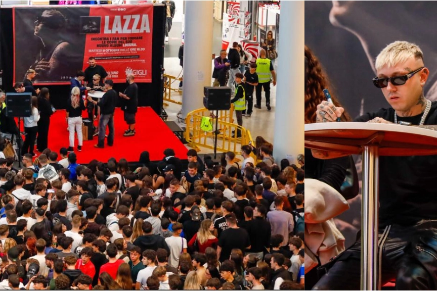 Lazza mentre firma gli autografi. Nella foto grande, la folla ai Gigli per l'incontro con l'artista (Davide Franco / Fotocronache Germogli)