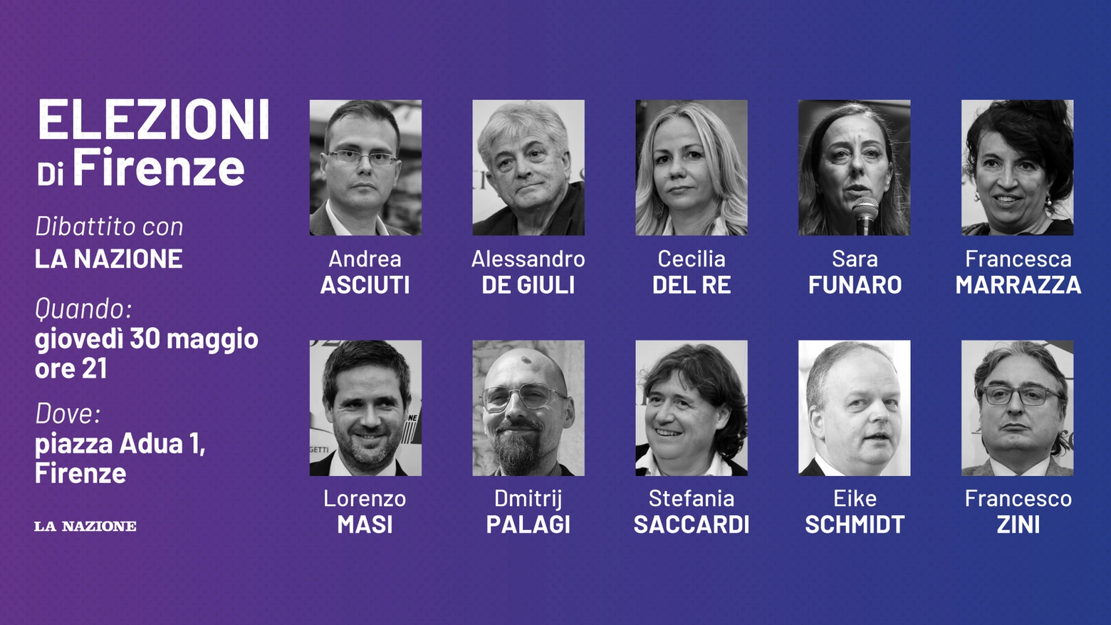 La Nazione organizza il dibattito con i candidati a sindaco di Firenze: i dieci che corrono per la poltrona di primo cittadino si confronteranno sulle domande dei giornalisti e dei cittadini