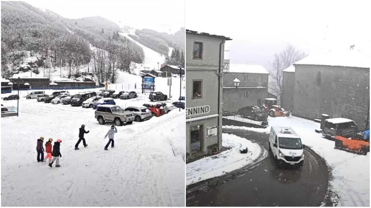 Due immagini delle nevicate che interessano l'Appennino venerdì 28 febbraio. A sinistra l'Abetone, a destra San Pellegrino in Alpe