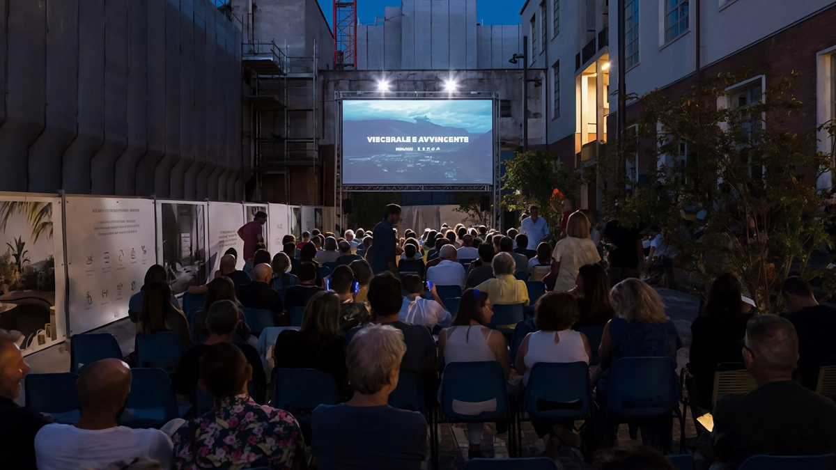 Lo schermo del cinema all’aperto nel cortile della Ciminiera negli spazi estivi della Manifattura Tabacchi