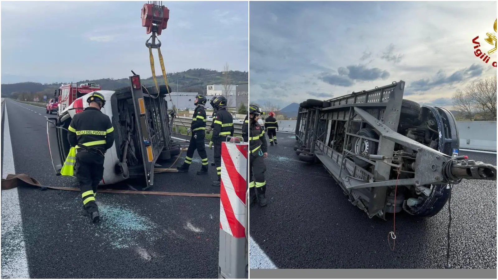 La bisarca si rovescia con le auto che trasporta: caos in E45, traffico in tilt