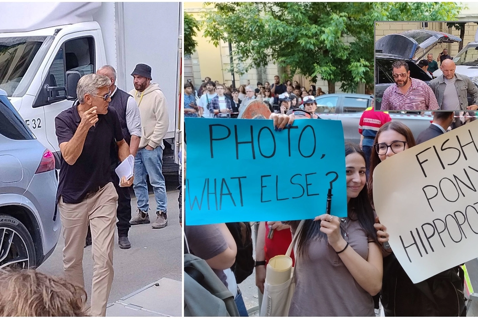 Da destra a sinistra: George Clooney ad Arezzo, le fans con i cartelli e, nel riquadro, Adam Sandler (foto Alessandro Falsetti)