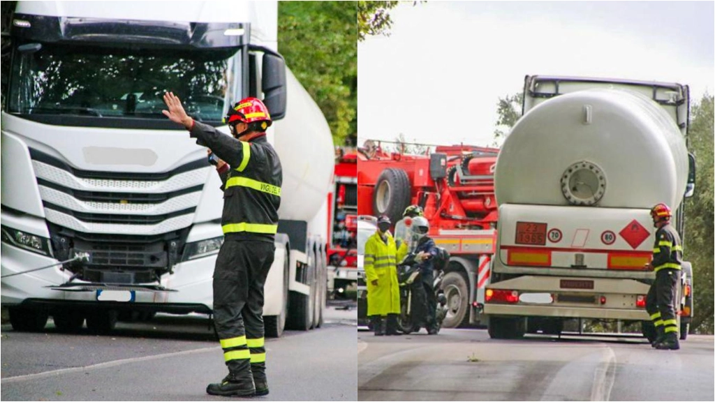 Due momenti dell'intervento di vigili del fuoco e vigili urbani per aiutare il camion a percorrere la salita (Taddei / Fotocronache Germogli)