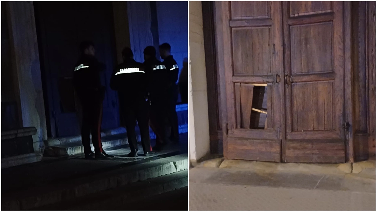 I carabinieri davanti alla basilica delle Carceri e uno dei portoni danneggiati