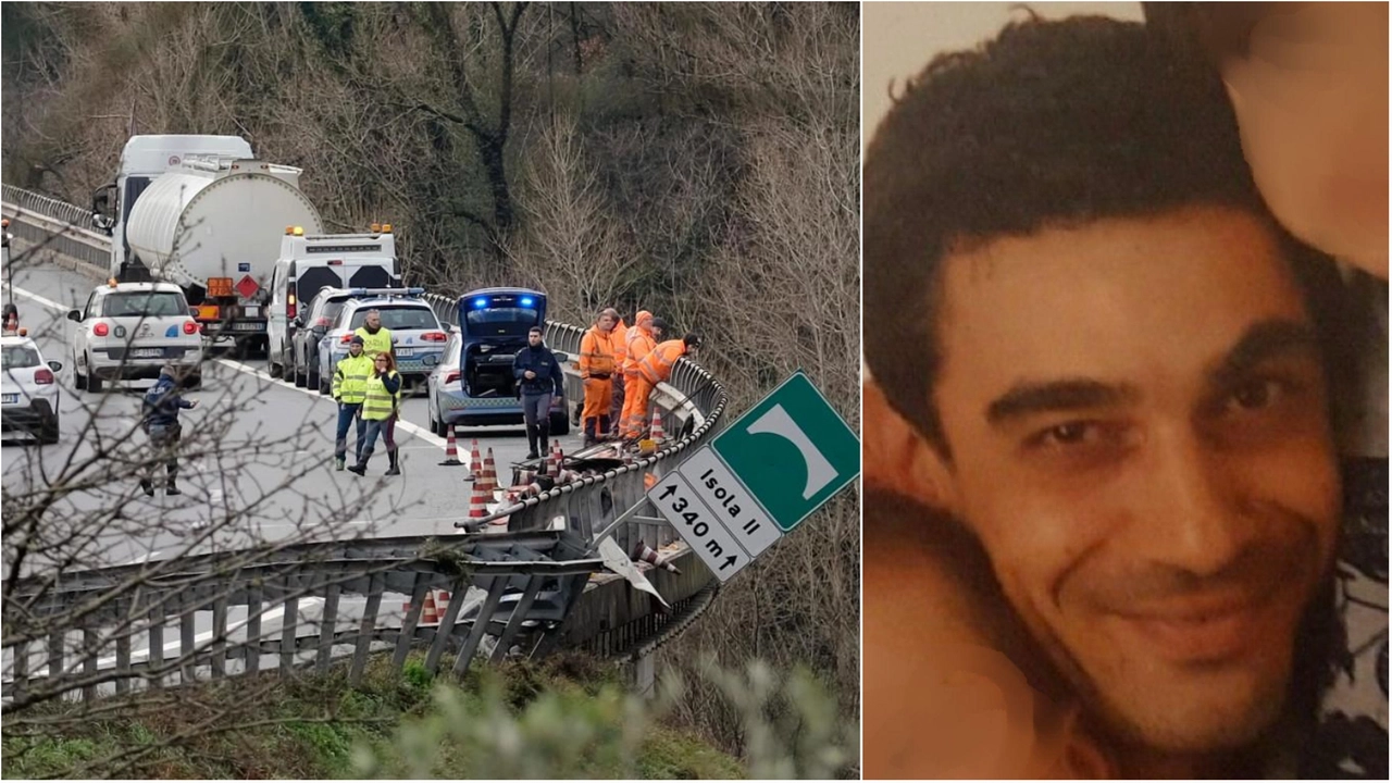 La scena dell'incidente e, nel riquadro, la vittima, Valentino Delfino. E' precipitato con il suo furgone dal viadotto (Foto Pasquali)