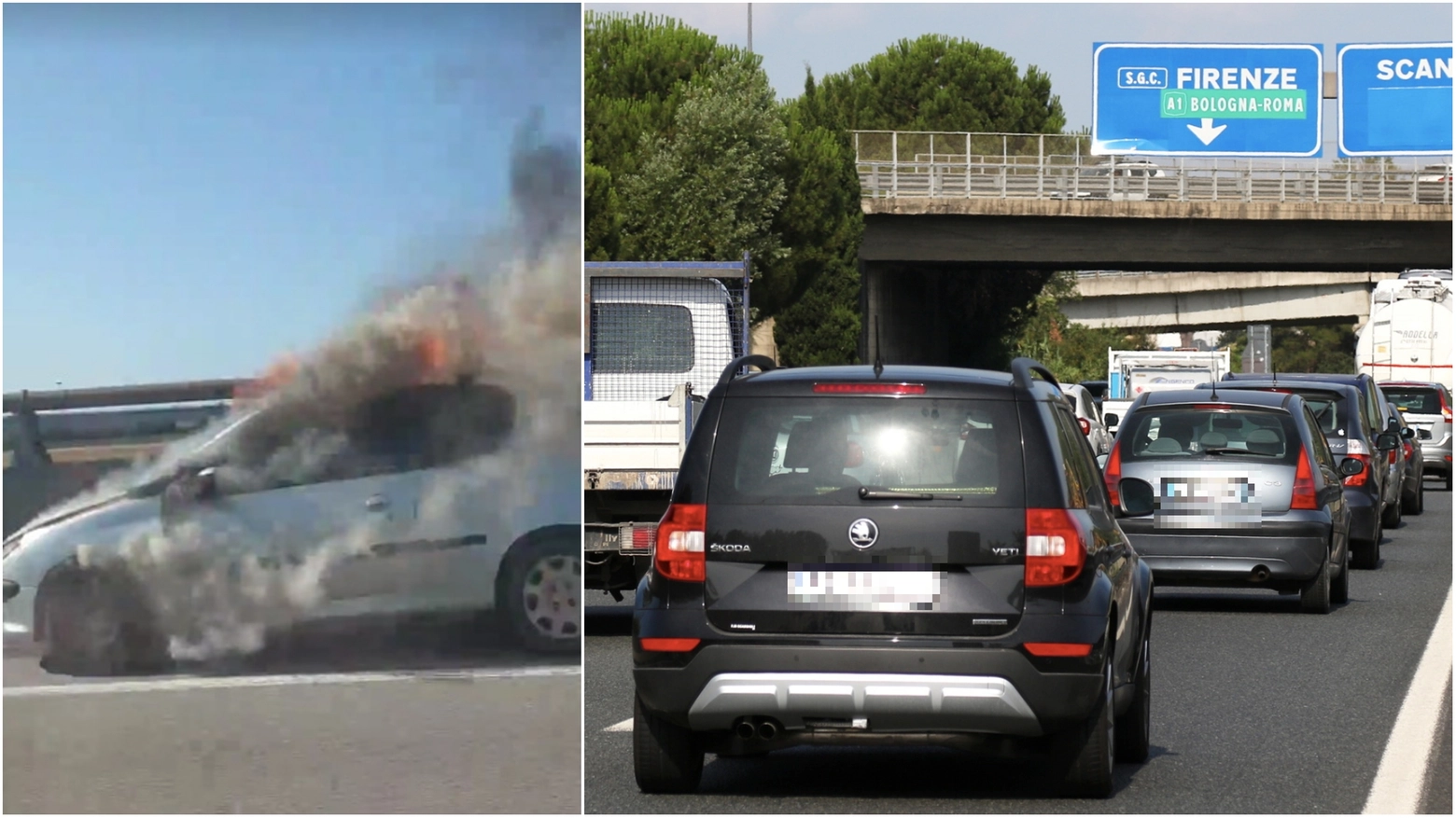 L'auto a fuoco in zona Interporto (Foto gruppo Facebook 'I Dannati della FiPiLi' e traffico verso Firenze (Foto archivio Germogli)